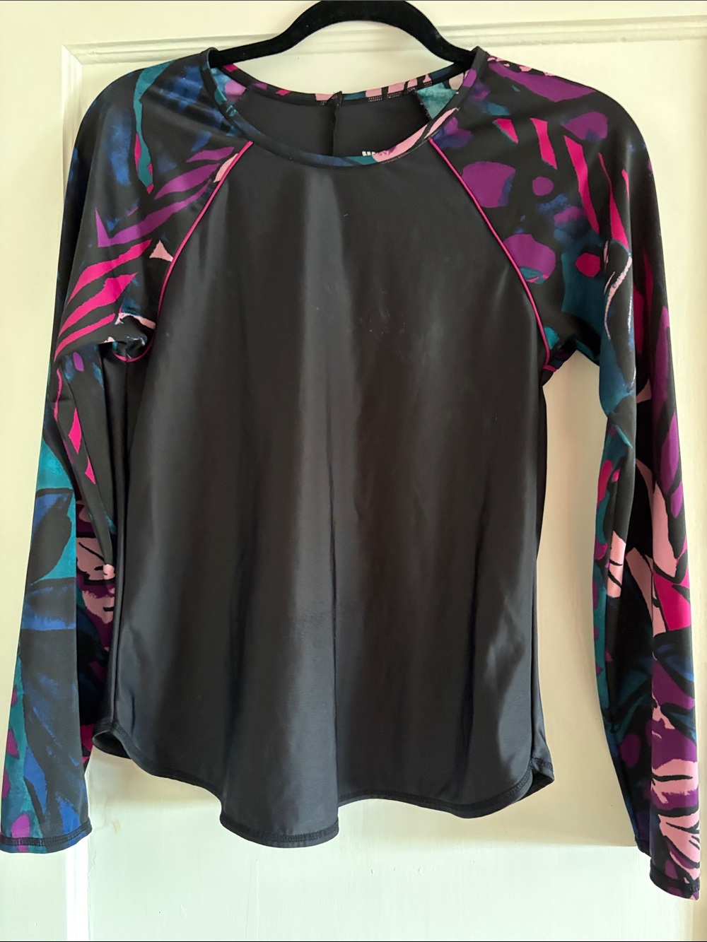 Women's Black Raglan Long-Sleeve Top with Pink & Teal Print